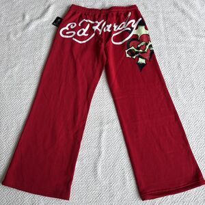 NWT Ed Hardy Cherry Red Women Sweatpant Wide Leg Logo Sacred Heart L